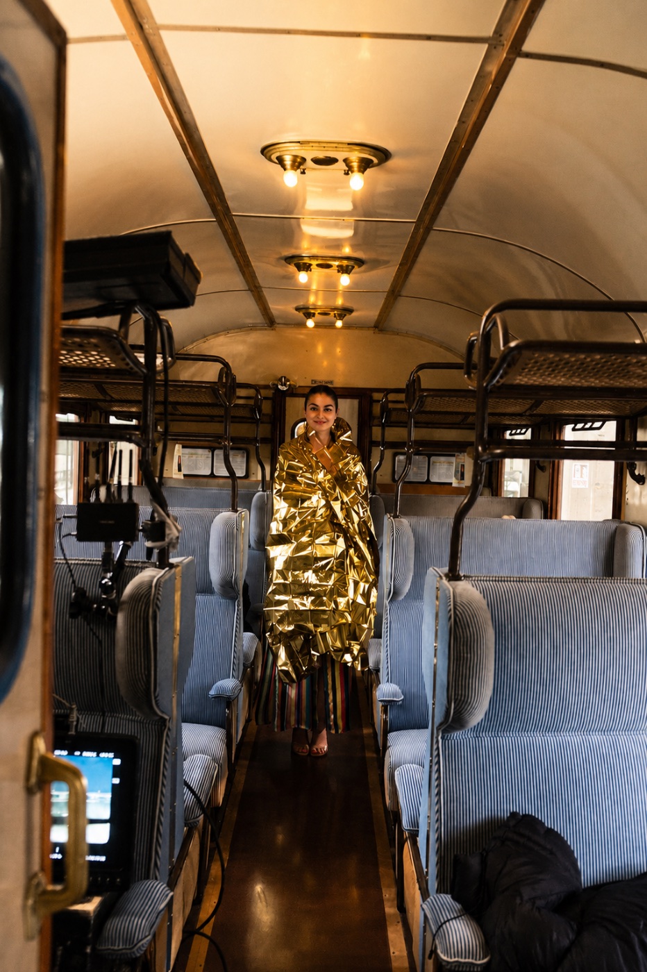 The lead wrapped in a thermal blanket on set